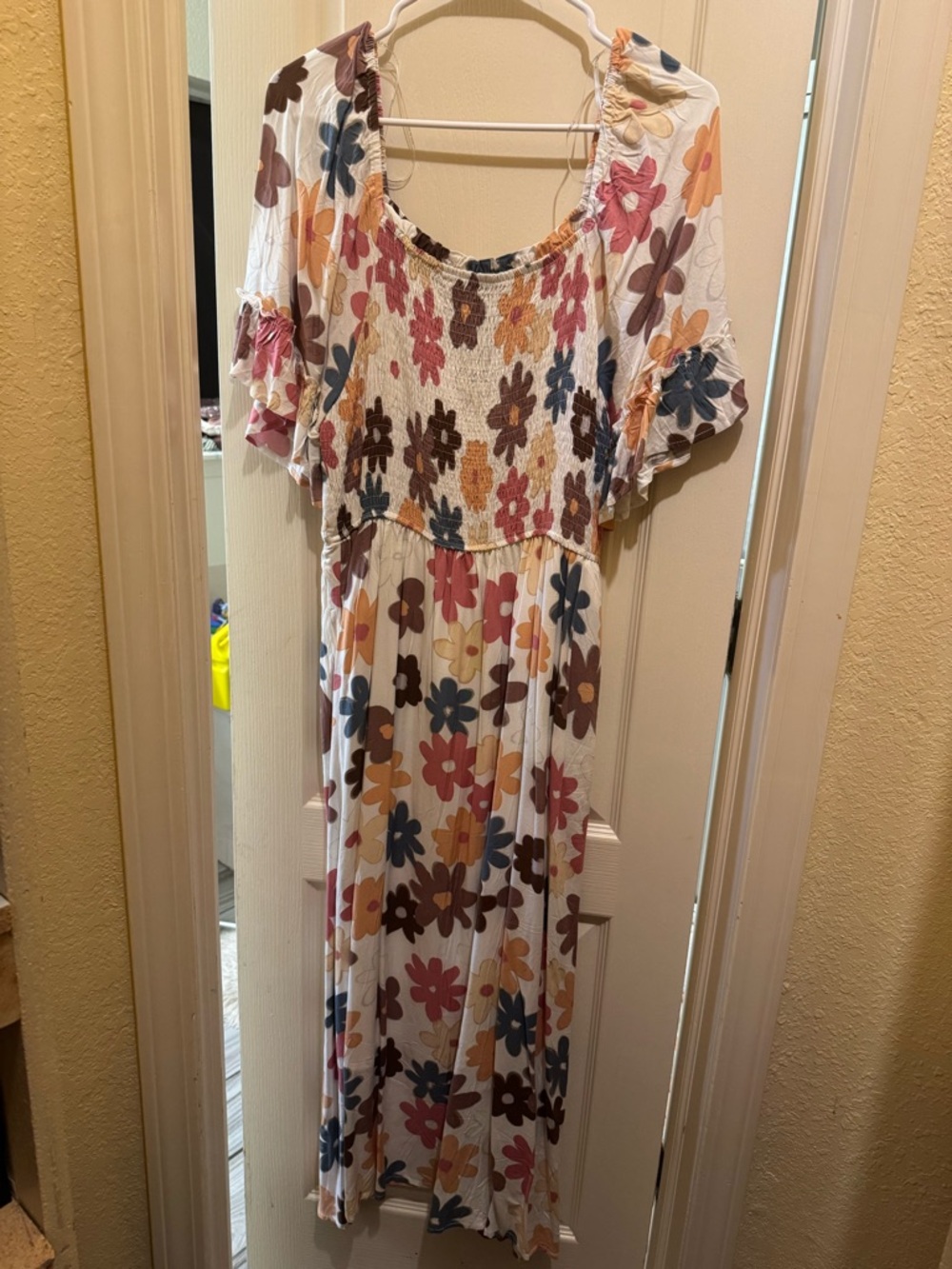 Smocked Floral Maxi Dress - White with Multi Flowers